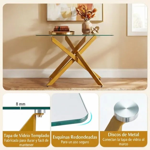 Mesa Consola 115 x 45 x 78 cm com Tampo Temperado e Pernas de Metal para Sala, hall Entrada Dourada