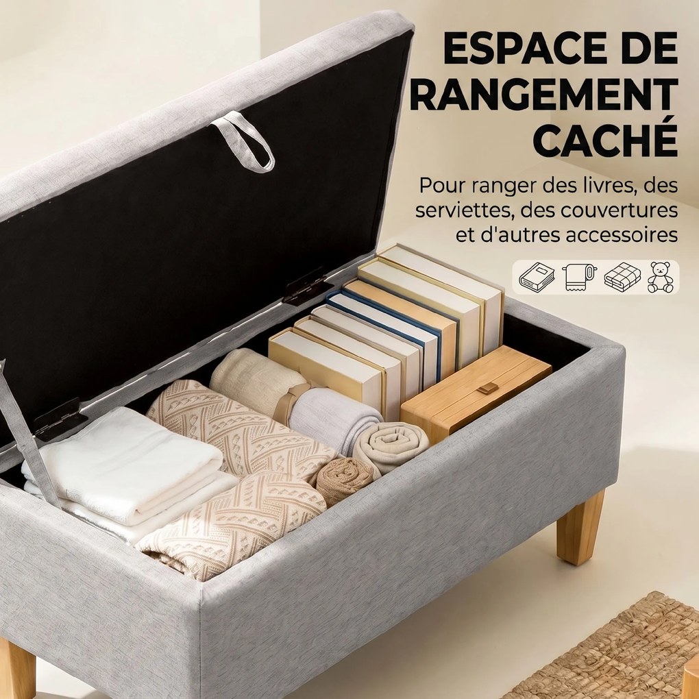 Banco de Arrumação aos Pés da Cama, 71 x 37 x 36 cm, Assento Acolchoado, Cinzento-Claro
