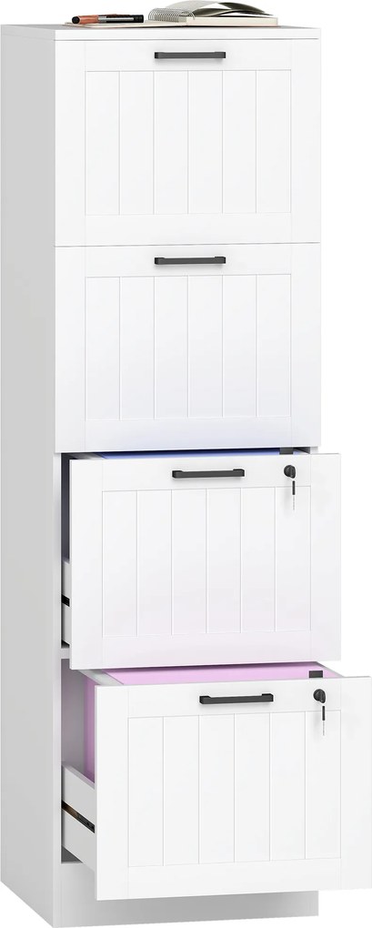 Arquivador escritório 40 x 40 x 131 cm móvel de arrumação em madeira com 4 gavetas e fechadura, varões de suspensão ajustáveis, branco