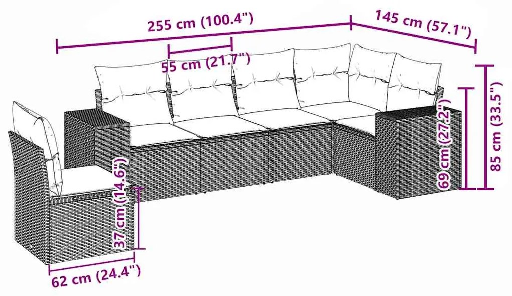 6 pcs conj. sofás jardim com almofadões vime PE cinzento-claro