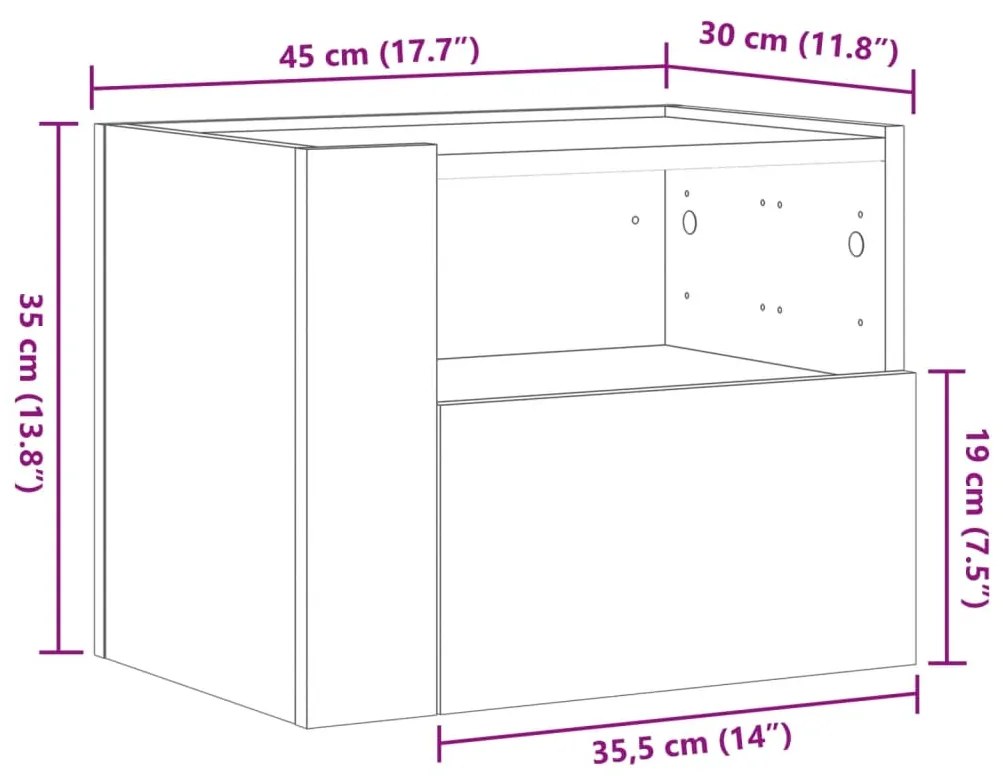 Mesa de cabeceira de parede 45x30x35 cm preto