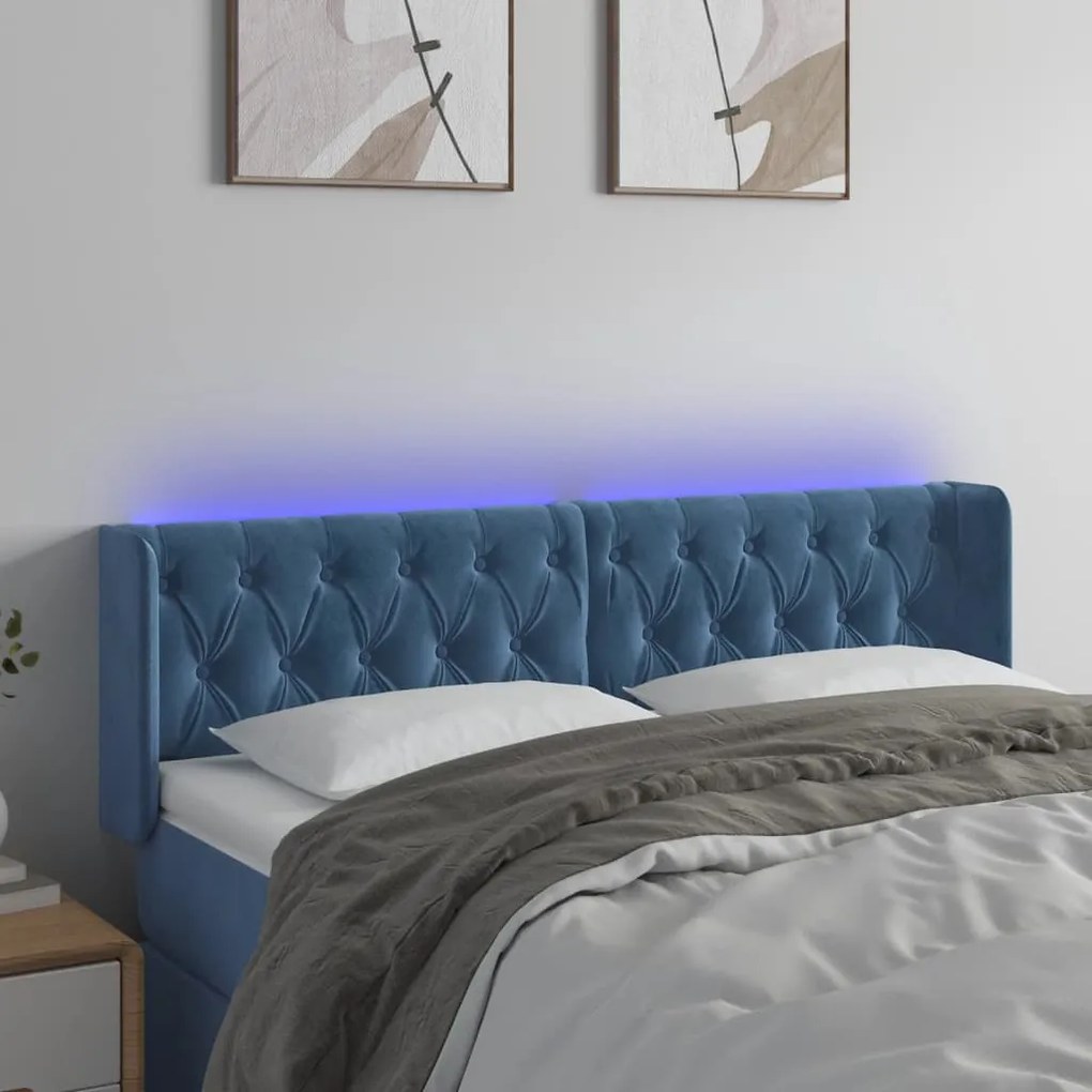 Cabeceira cama c/ luzes LED veludo 147x16x78/88 cm azul-escuro