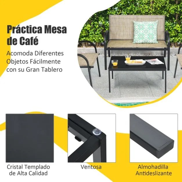 Conjunto jardim de mesa de centro, cadeirão e banco para mobiliário Mesa de jardim em ferro e rede Mesa de centro para terraço exterior Castanho