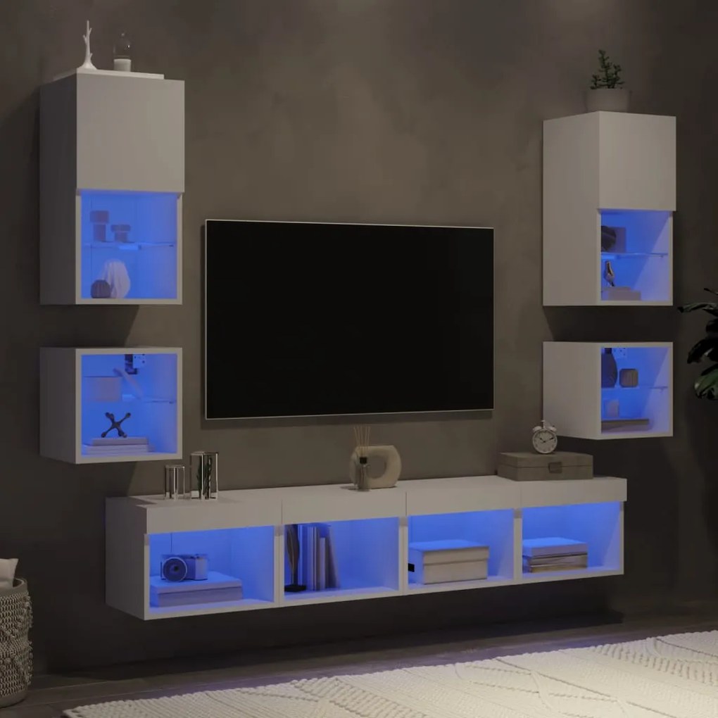 vidaXL 8pcs móveis de parede p/ TV c/ LEDs derivados de madeira branco