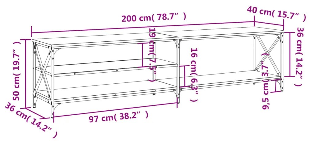 Móvel de TV 200x40x50cm derivados madeira/metal cinzento sonoma