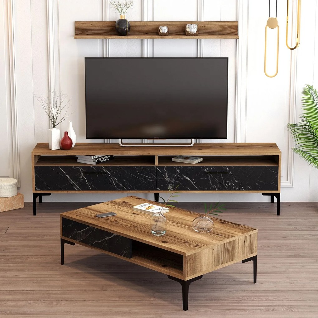 Conjunto de Mobiliário de Sala de Estar Istanbul – Nogueira e Preto –