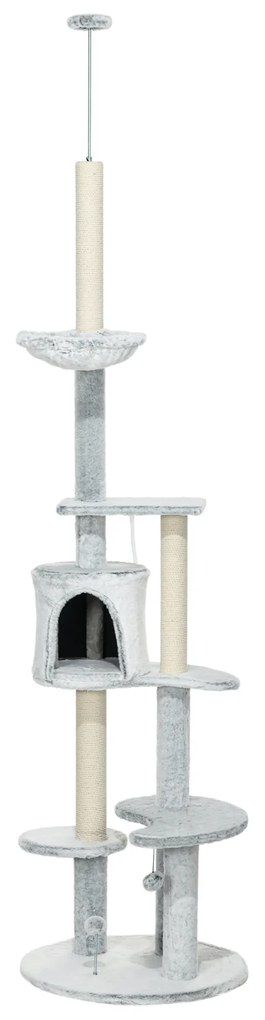 Arranhador para Gatos de Teto com Altura Ajustável Caverna Plataformas Rede Postes de Arranhar e Bolas Suspensas Ø60x225-255 cm Cinza