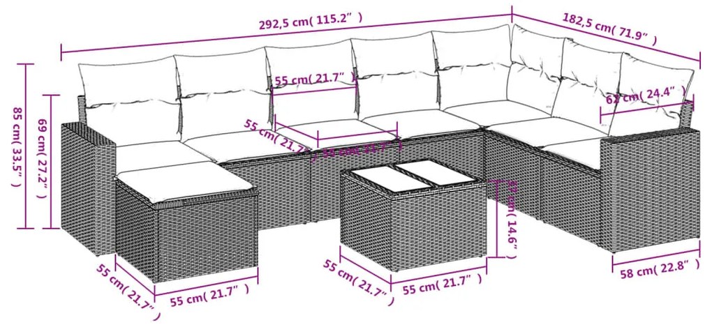 9 pcs conjunto de sofás p/ jardim com almofadões vime PE bege