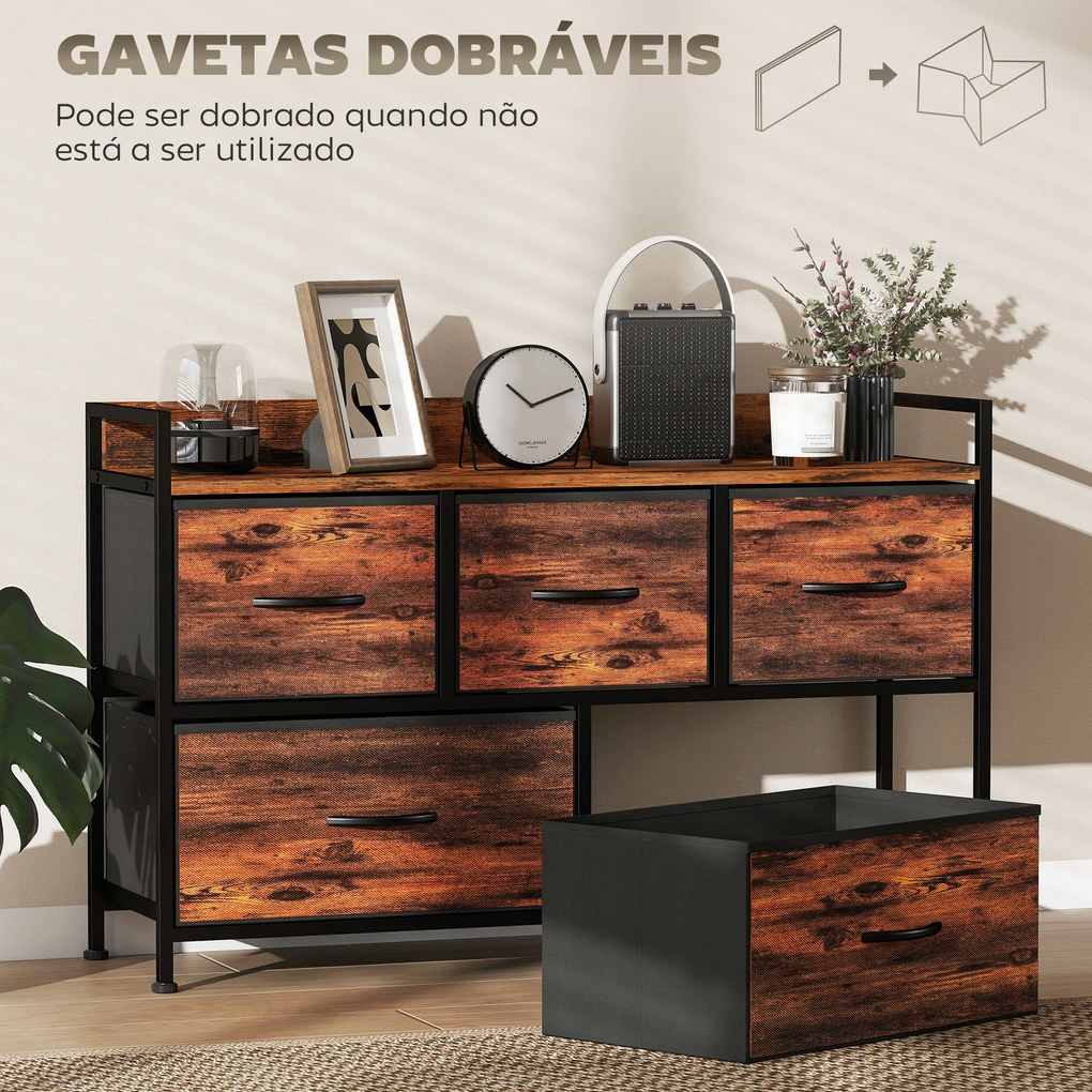 Cómoda com 5 Gavetas de Tecido Cómoda de Estilo Industrial com Estrutura Metálica para Quarto 98x29x63 cm Castanho Rústico