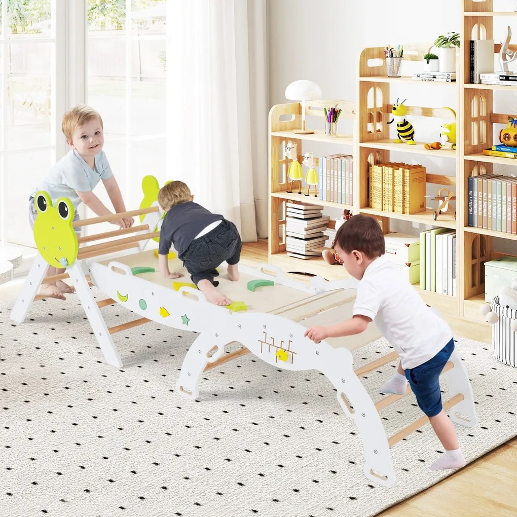 Conjunto triangular 7 em 1 de escalada para crianças pequenas com rampa, escada e arco Conjunto Montessori em madeira branco