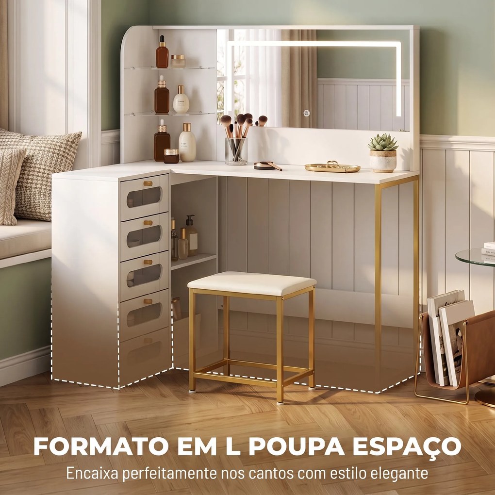 Toucador de Maquilhagem com Espelho LED Banco 5 Gavetas 2 Compartimentos e 2 Prateleiras em Vidro Branco