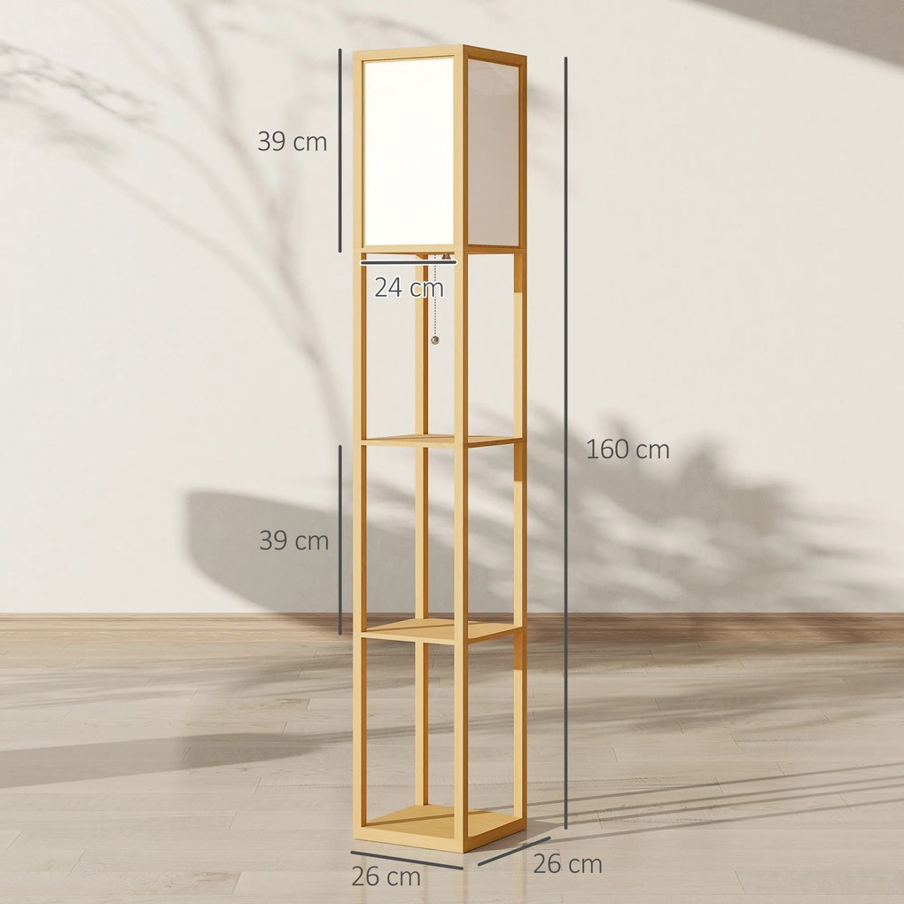 Candeeiro de Pé de Madeira com 3 Prateleiras para Lâmpada E27 Potência Máx. 40W 26x26x160 cm Madeira e Branco