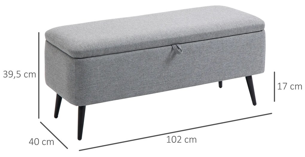 Banco de Armazenamento Estofado em Linho com Tampa Abatível e Pés de Aço para Dormitório Sala de Estar Entrada Carga Máxima 150kg 102x40x39,5cm Cinza