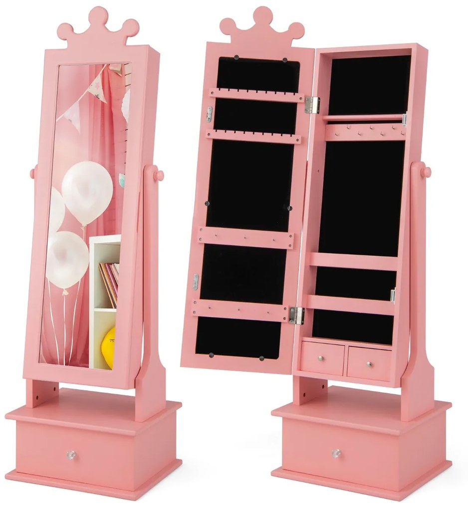 Armário de joias infantil com espelho de corpo inteiro e 3 gavetas 2 ângulos de inclinação ajustáveis ​​34 x 30 x 103/113cm rosa