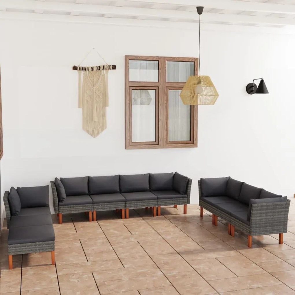 vidaXL 10 pcs conjunto lounge de jardim c/ almofadões vime PE cinzento