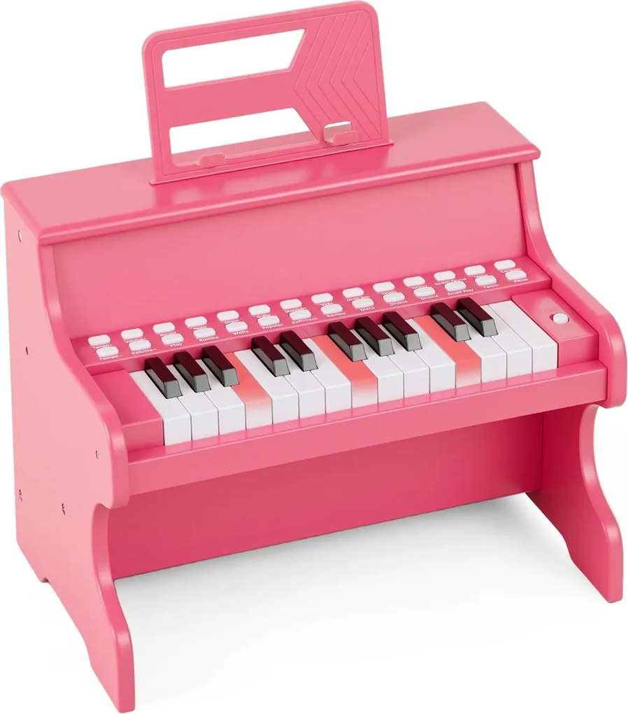 Piano de brincar com 25 teclas para crianças 38 x 24 x 29 cm, com suporte e modo de aprendizagem, velocidade e volume ajustáveis, design em madeira Ro
