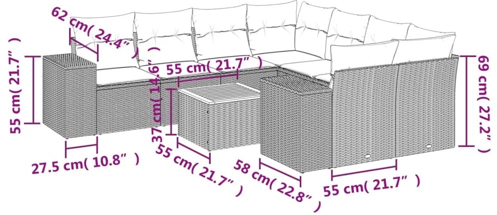 9 pcs conjunto de sofás p/ jardim com almofadões vime PE bege