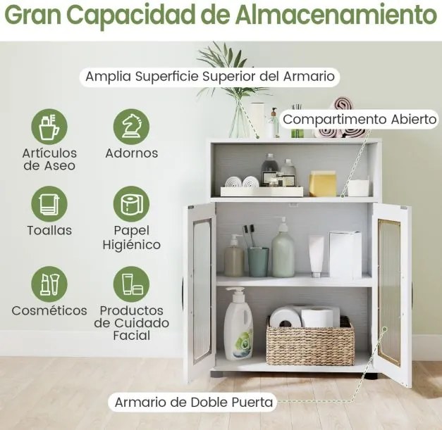 Armário para casa de banho 60 x 30 x 83 cm com 2 portas e estante ajustável de 3 níveis e Compartimento aberto branco