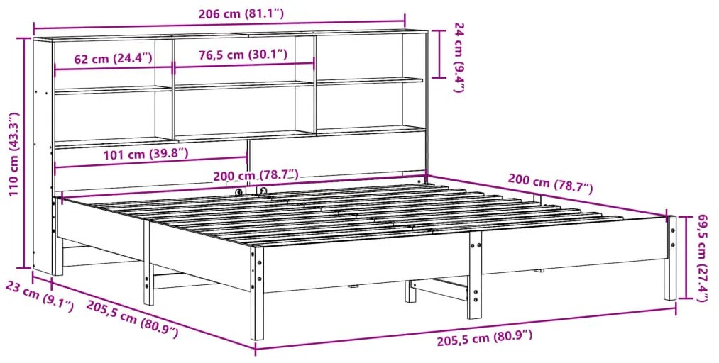 Cama com estante sem colchão 200x200 cm pinho maciço