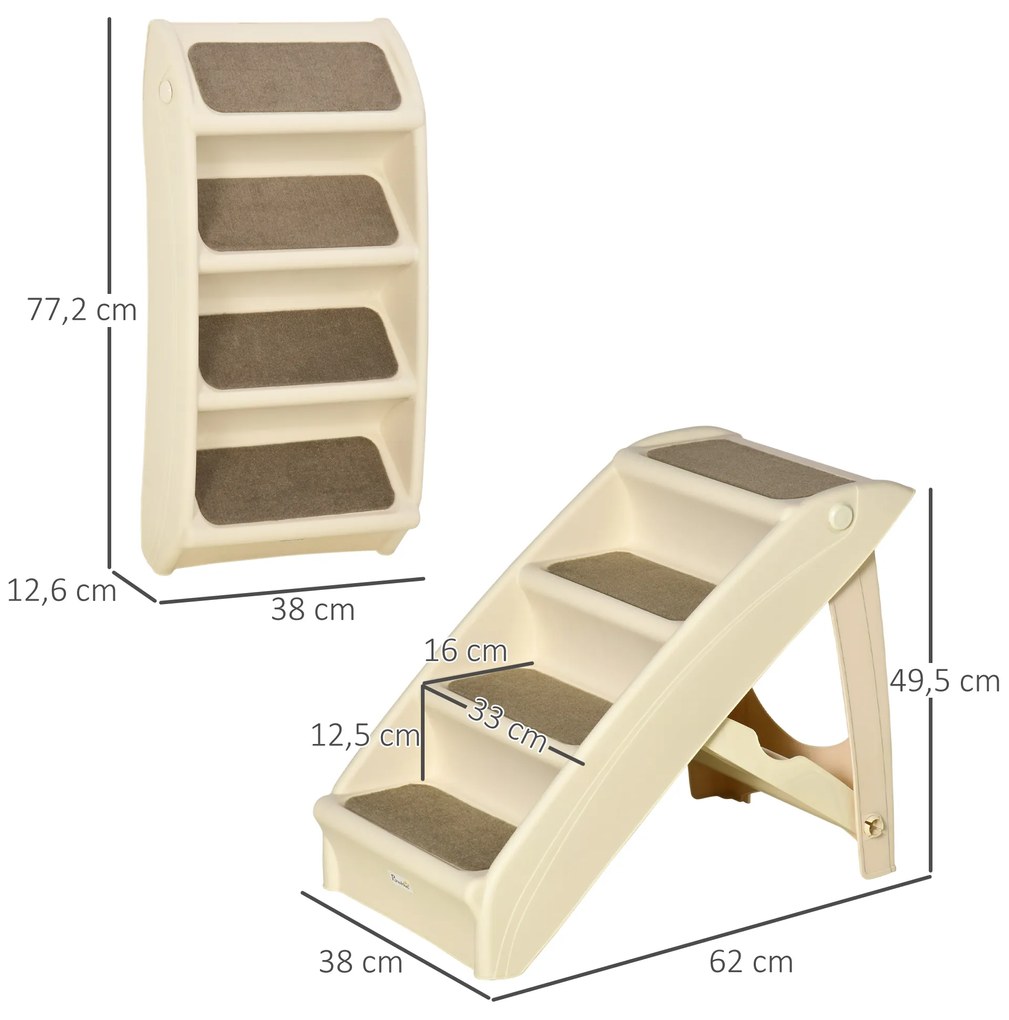 PawHut Escada Dobrável para Animais de Estimação de 4 Degraus para Cães Gatos Portátil com Tapetes Antiderrapantes para Cama Sofá Carga 20kg 67x38x49,5cm Bege
