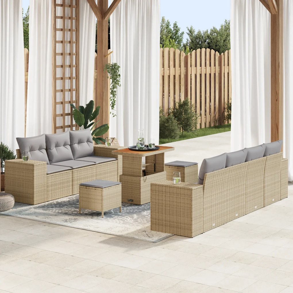 Conjunto de Sofás de Jardim vidaXL 10 Peças com Almofadas Bege Rattan Polipropileno Aço