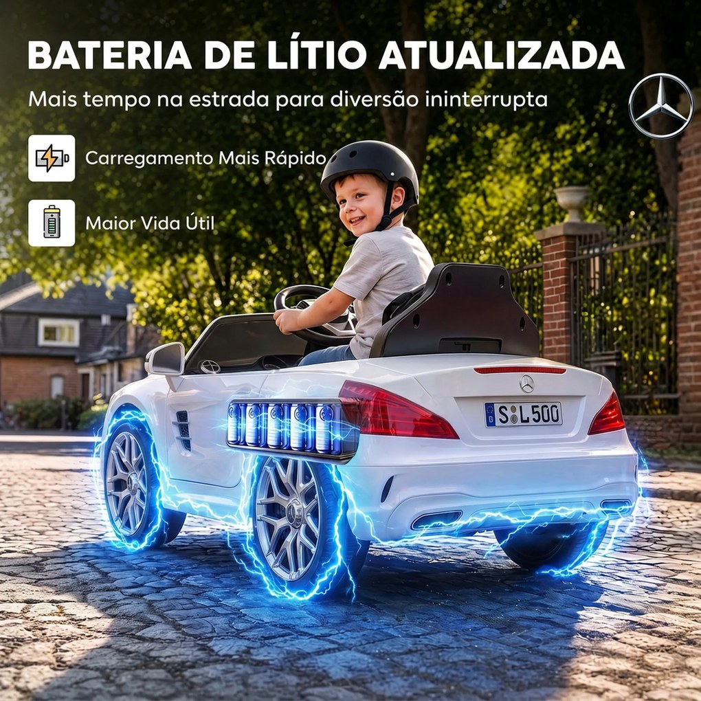 Carro Elétrico Infantil Mercedes-Benz SL500 12 V com Telecomando 2,4 GHz, 2 Motores e Suspensão, Branco