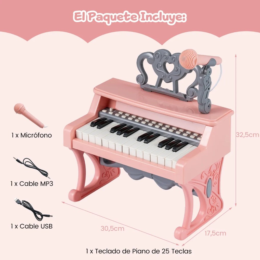 Piano de 25 teclas para crianças 30,5 x 17,5 x 32,5 cm com atril e microfone Brinquedo educativo para aprendizagem precoce 3+ anos Rosa