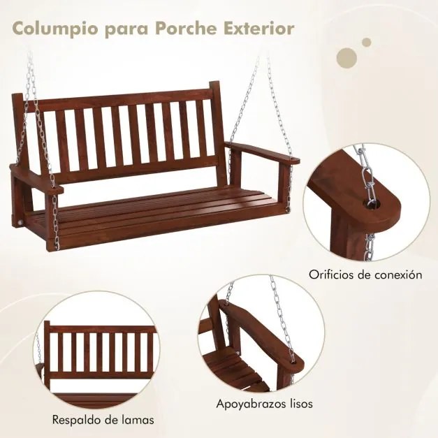 Banco de baloiço com 3 lugares 168 x 65 x 63 cm suspenso de madeira de choupo para jardim, Correntes ajustáveis Castanho