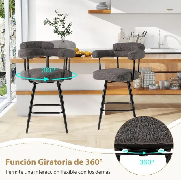 Conjunto de 2 bancos giratórios com encosto e braços curvos com pernas de metal e apoio para os pés 63 x 54 x 100 cm Cinzento