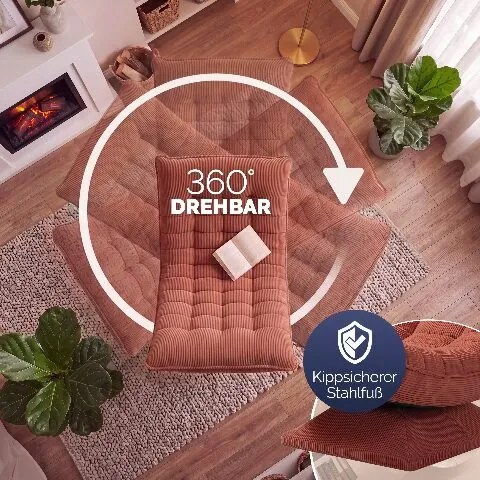 Poltrona Aberdeen em veludo cotelê ajustável em 5 posições, giratória a 360°, dobrável cor de terracota