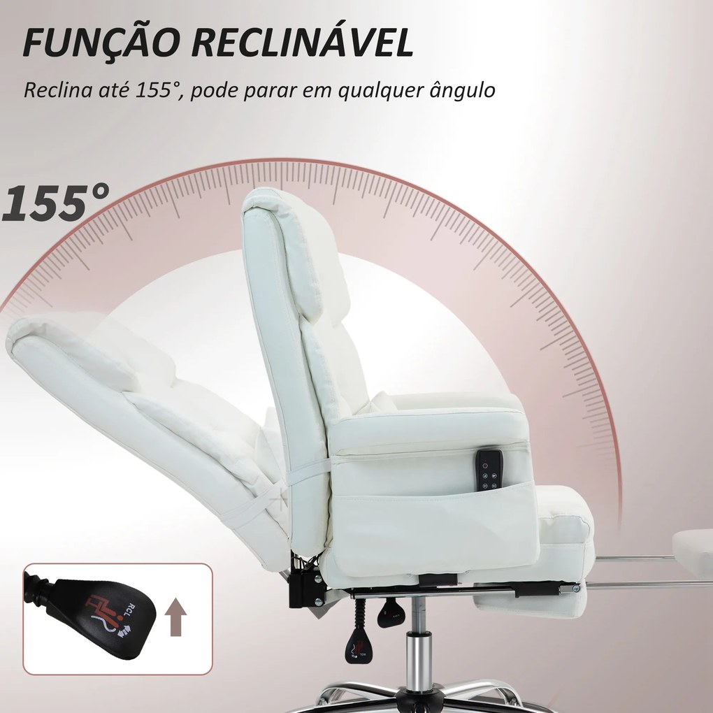 Cadeira de Escritório com Massagem em 6 Pontos Apoio para os Pés Retrátil Controlo Remoto e Suporte Lombar 69x65x115 cm Branco