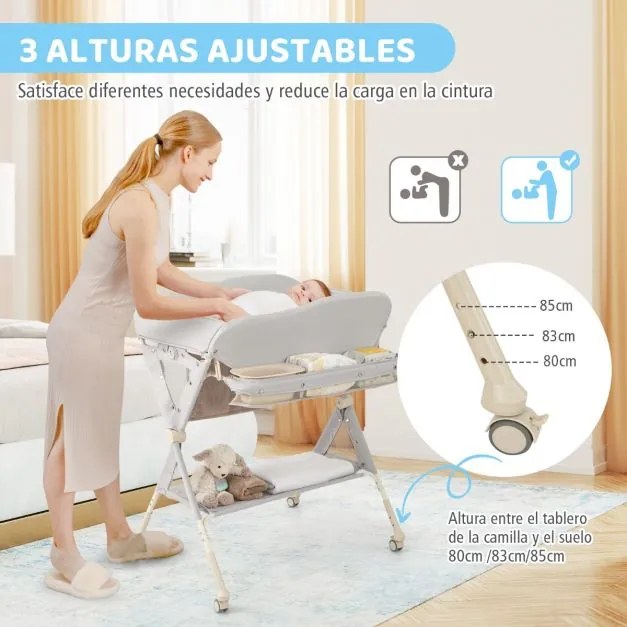 Fraldário dobrável para bebés com cesto de arrumação e cinto de segurança 3 alturas ajustáveis Cinzento