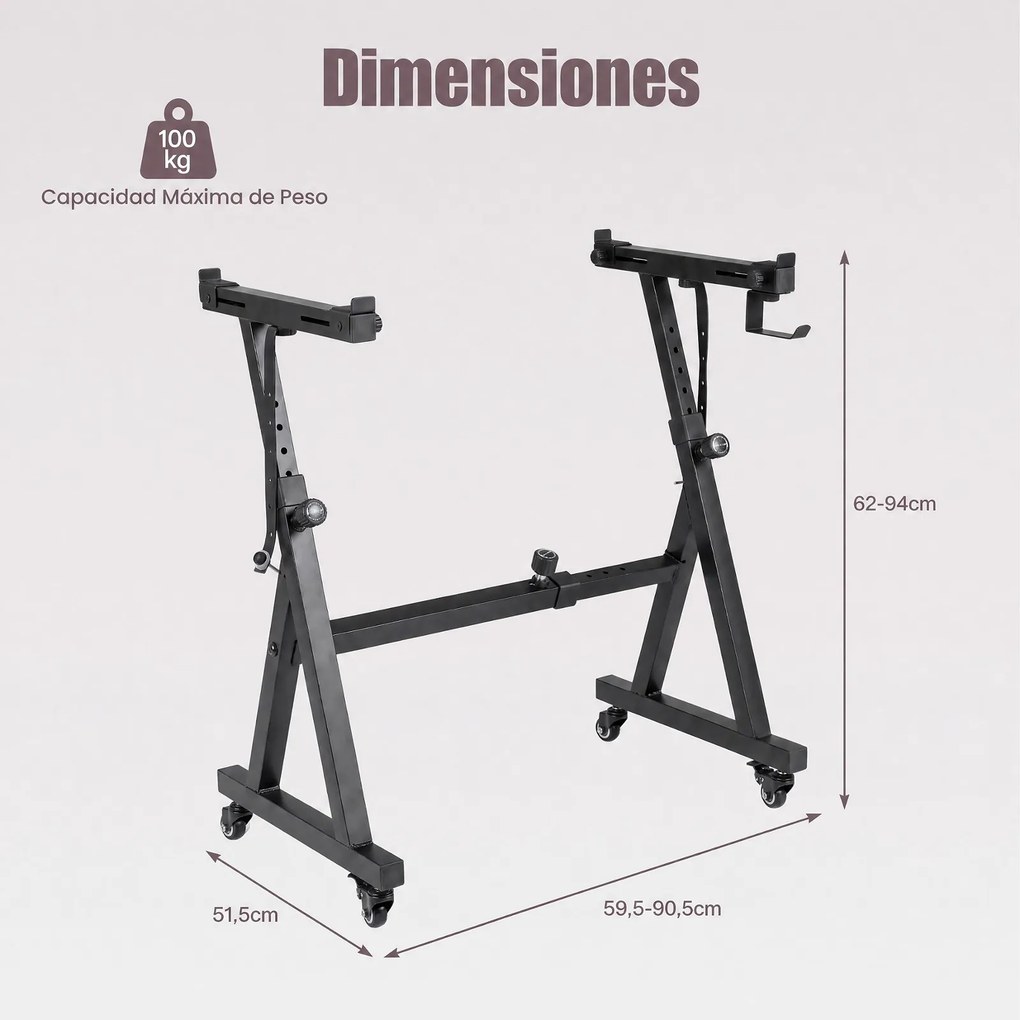 Suporte para Teclado (TECLADO NÃO INCLUIDO), 59,5-90,5 x 51,5 x 62-94 cm, Ajustável em Altura, Preto