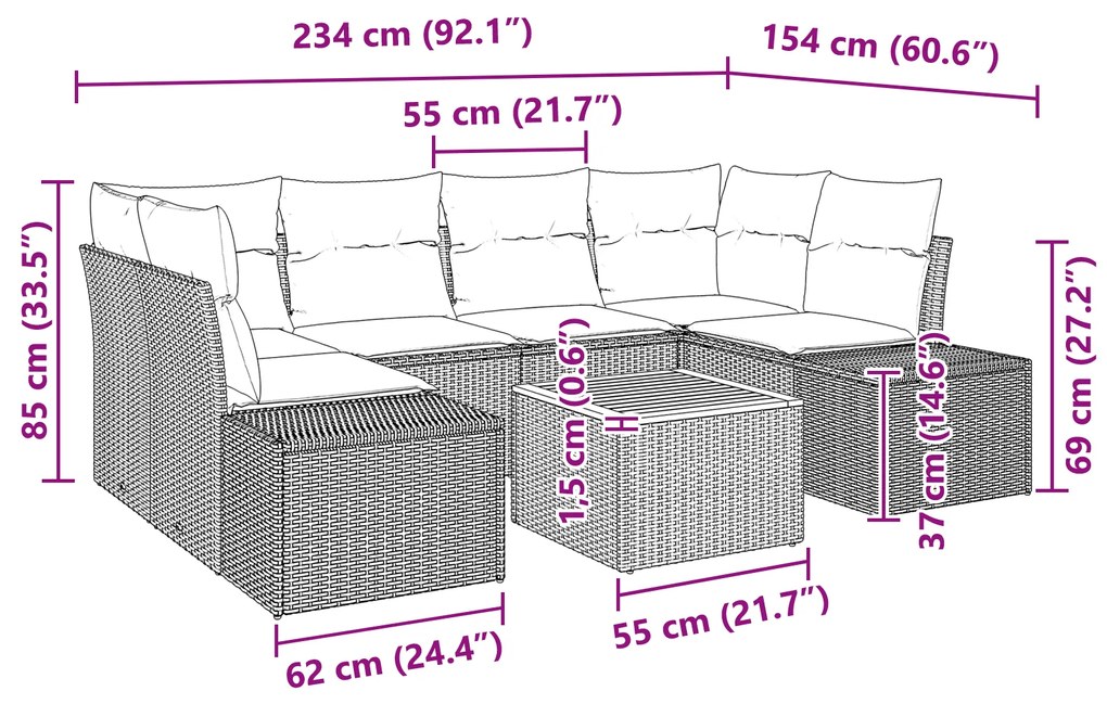 Conjunto de Sofás de Jardim de 7 Peças com Almofadas Bege Vime Acácia
