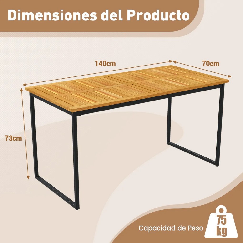 Mesa de jardim em madeira de acácia retangular, 140 cm para 6 pessoas (CADEIRAS NÃO INCLUIDAS), estrutura em metal e buraco natural e preto