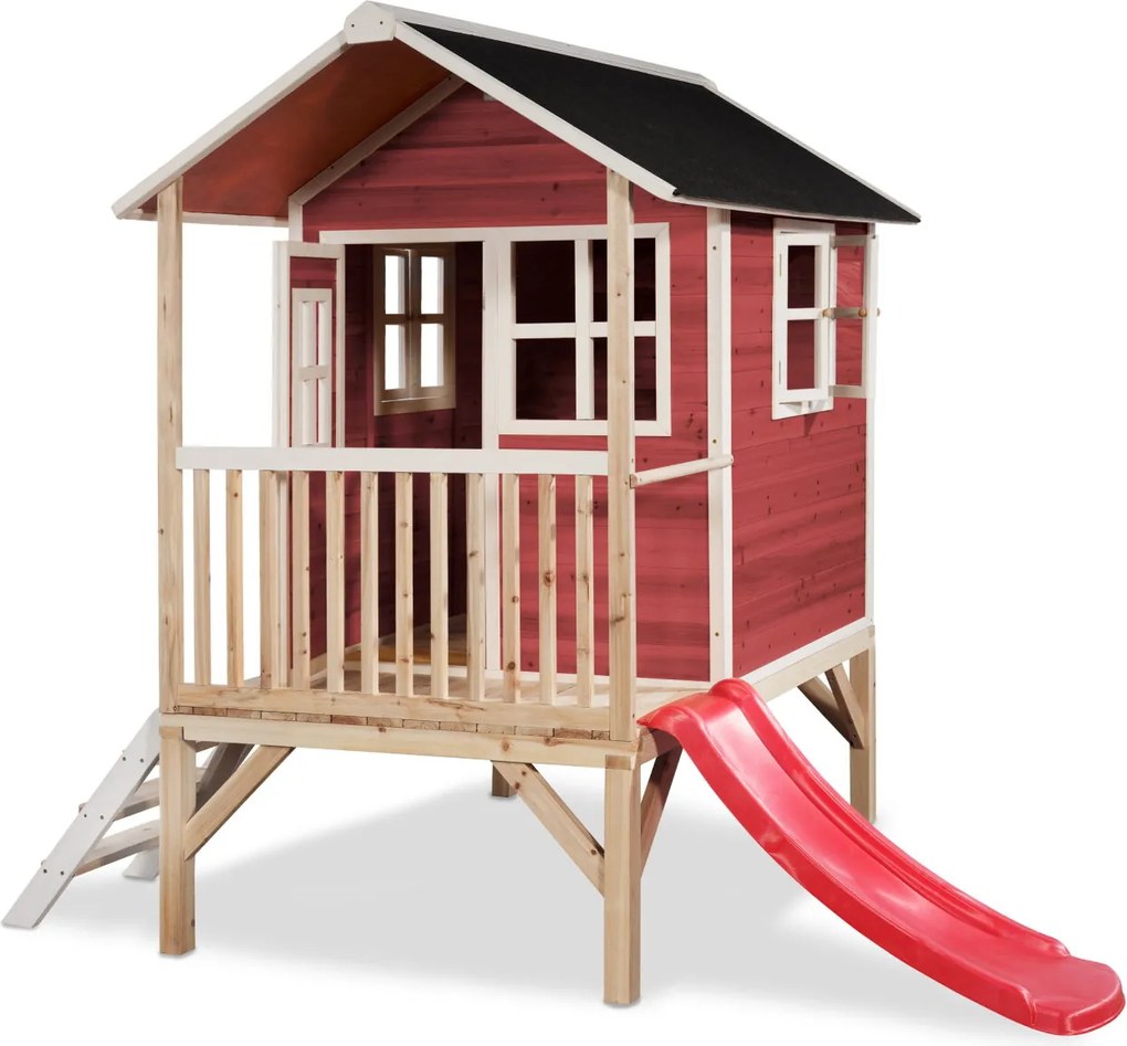 Casa de brincar infantil exterior para crianças Loft 300 em madeira com escorrega - Vermelha