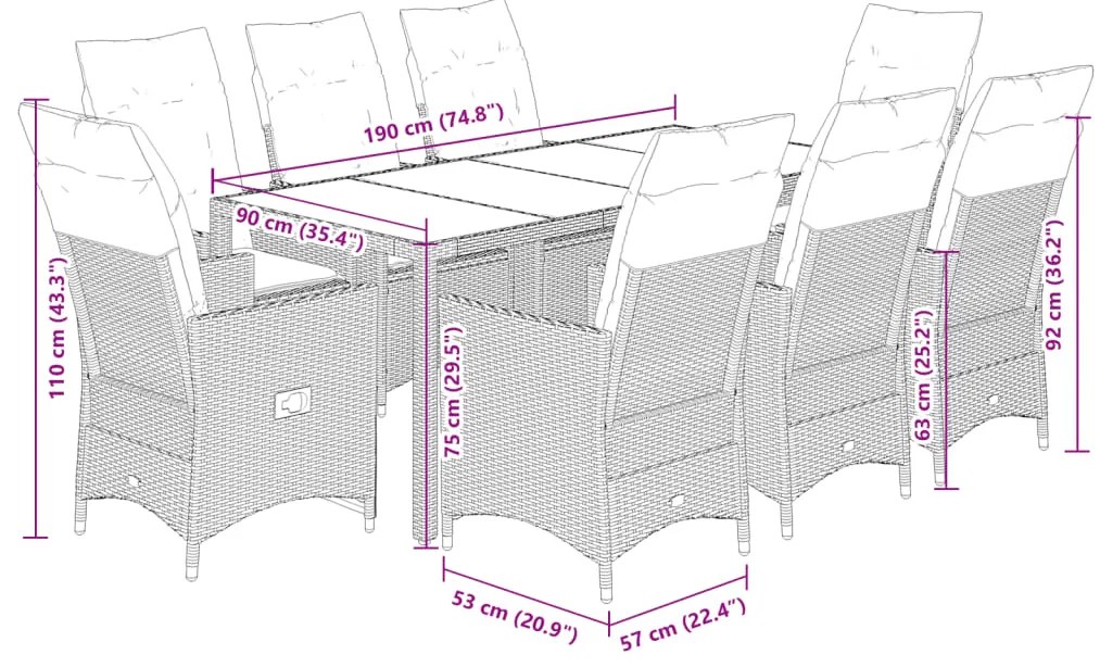 9 pcs conjunto de jantar p/ jardim com almofadões vime PE bege