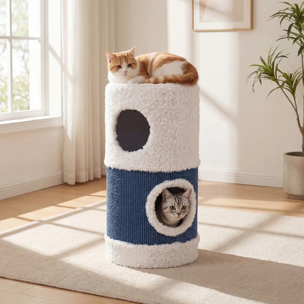 Casa-árvore para gatos de 2 andares em forma de patinho 35 x 66 cm (Diâmetro x AL), tapete de sisal para arranhar, caverna escondida, barril, brinqued