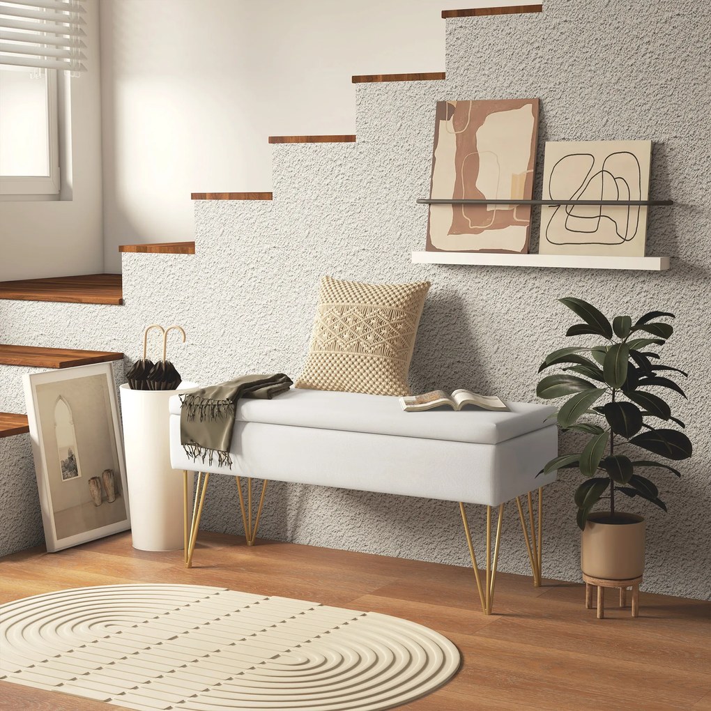 Banco com baú de arrumação 2 em 1 em tecido com pés em forma de alfinete em aço dourado 100 x 40 x 49 cm creme