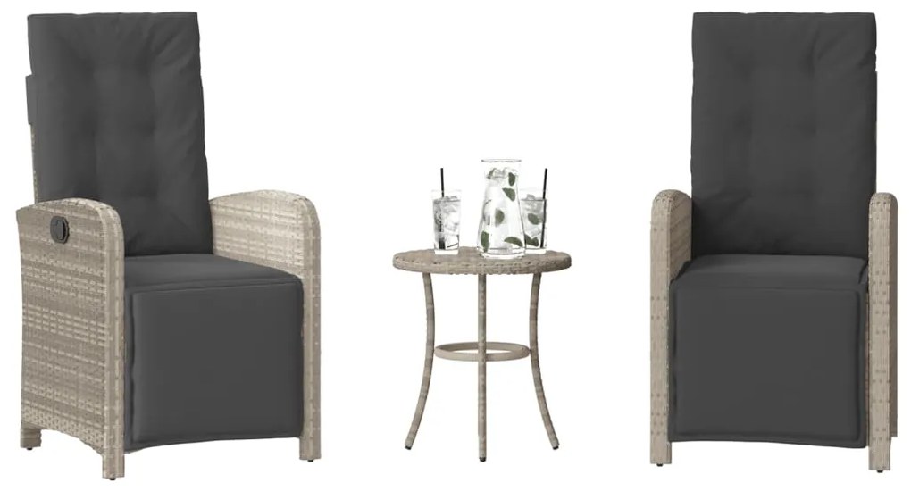 vidaXL 3 pcs conjunto bistrô com almofadões vime PE cinzento claro