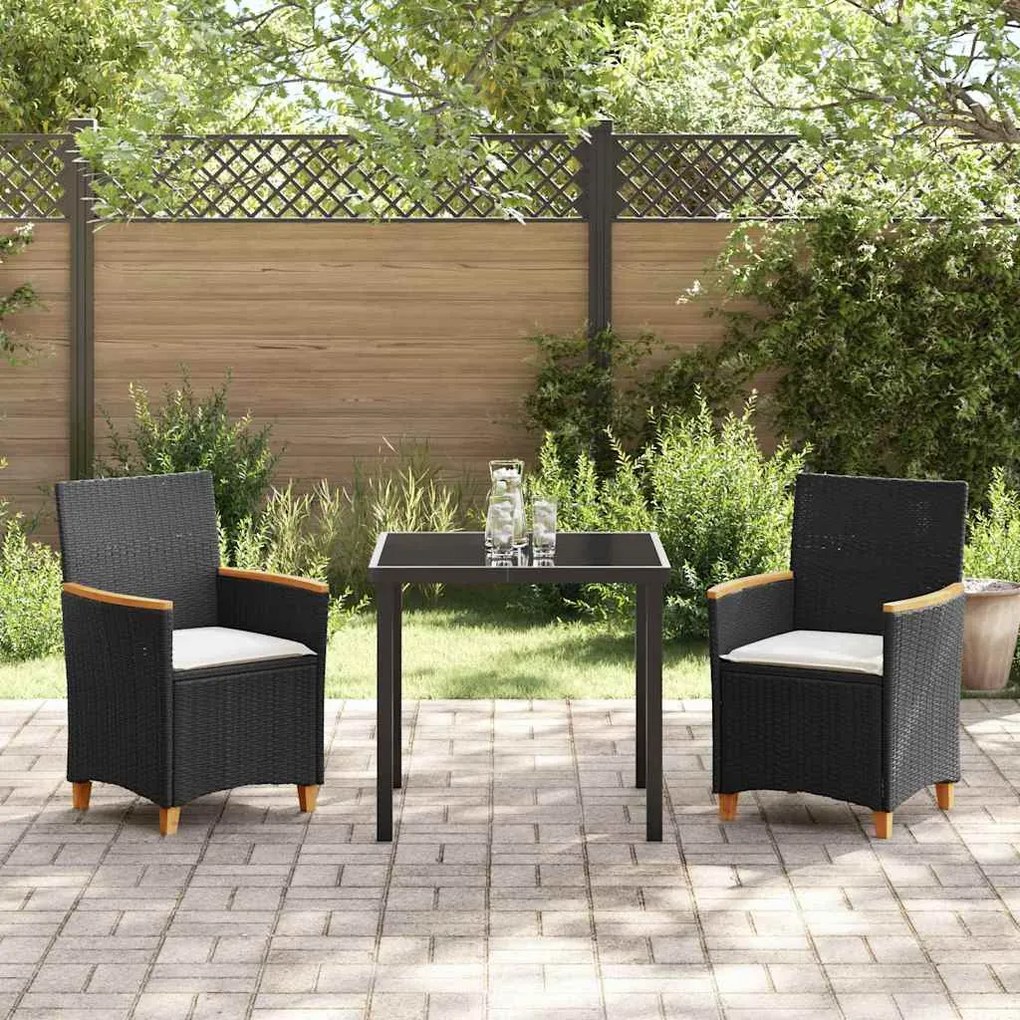Conjunto de Jantar de Jardim com Almofadas 3 Peças na Cor Preta em Rat