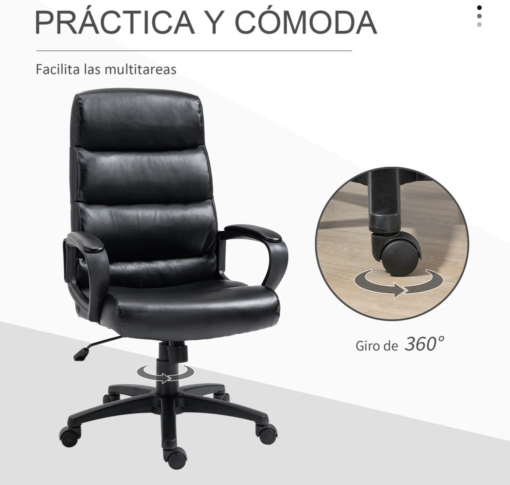 Vinsetto Cadeira de Escritório Giratória Cadeira de Escritório Ergonómica com Altura Ajustável Apoio para os Braços Alto Acolchoado de Couro Sintético 66x66x107-114cm Preto