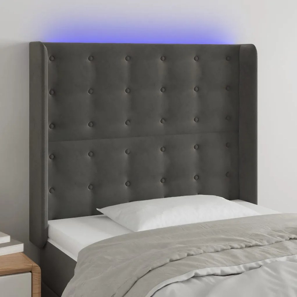 Cabeceira de cama c/ LED veludo 103x16x118/128 cm cinza-escuro