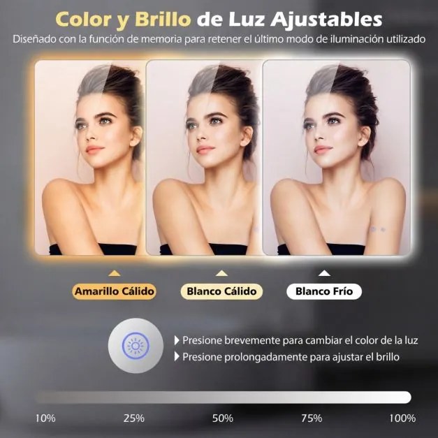 Espelho retangular de 80 x 60 cm com brilho ajustável, retroiluminado, tátil, inteligente, função de memória e design antiembaciamento Prateado