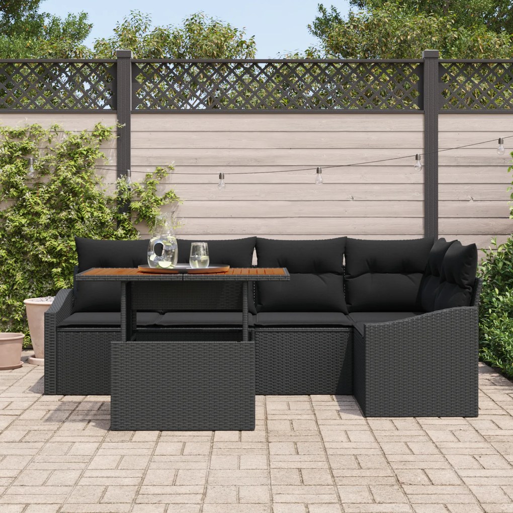 Conjunto de Sofá para Jardim de 6 Peças com Almofadas Preto Rattan Pol