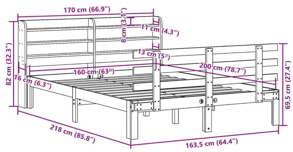 Estrutura de cama com cabeceira 160x200 cm pinho maciço