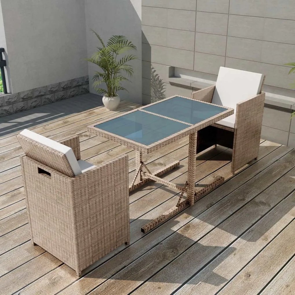 vidaXL 3 pcs conjunto bistrô com almofadões vime PE bege