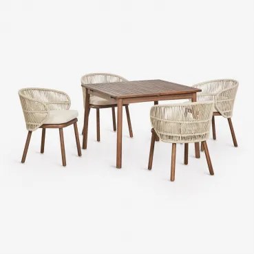 Conjunto De Mesa Extensível Karvia 100-160x100 Cm E 4 Cadeiras De Jardim Em Madeira De Acácia E Corda Trançada Capri Beige Creme - Sklum