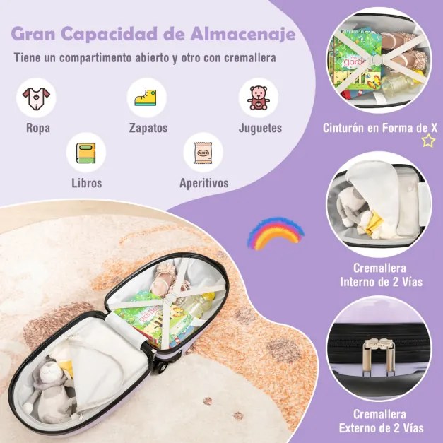 Bagagem de mão para crianças com rodas Mala de viagem rígida aprovada para aviões com pega de alumínio, 2 níveis, portátil para crianças Rosa