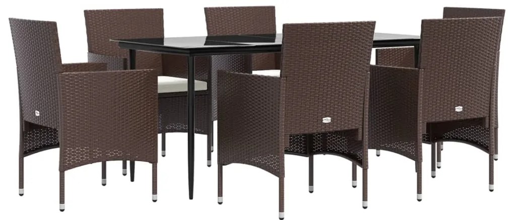 7 pcs conj. de jantar para jardim com almofadões castanho/preto